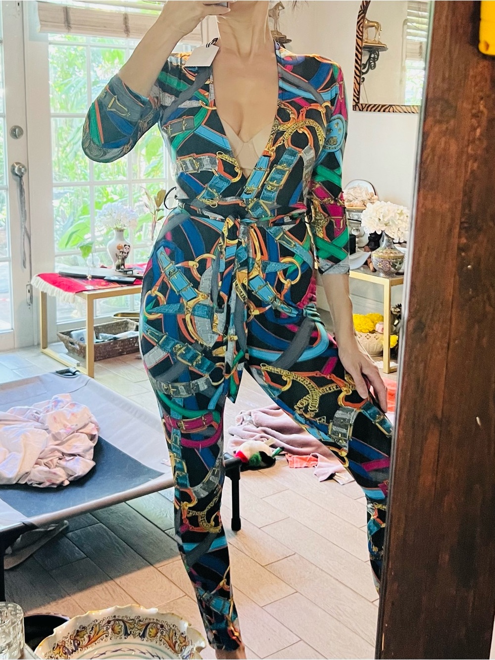 Chain-Print Wrap Jumpsuit in Multi-Color, New w/Tag! Size S